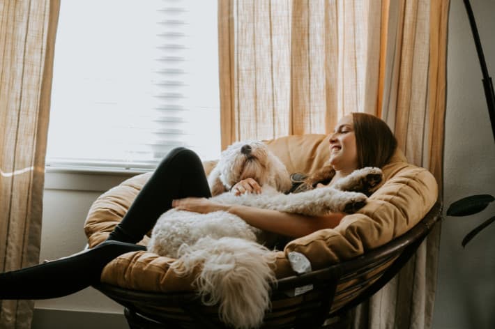 Sunlit living room with a comfortable chair and blanket